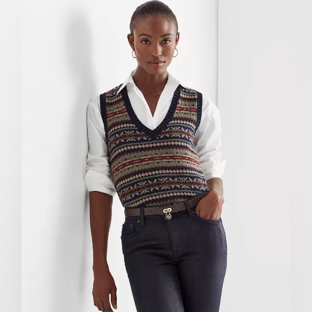 SOLD - Lauren Ralph Lauren Fair Isle V Neck Sweater Vest Women’s XL Cotton Linen